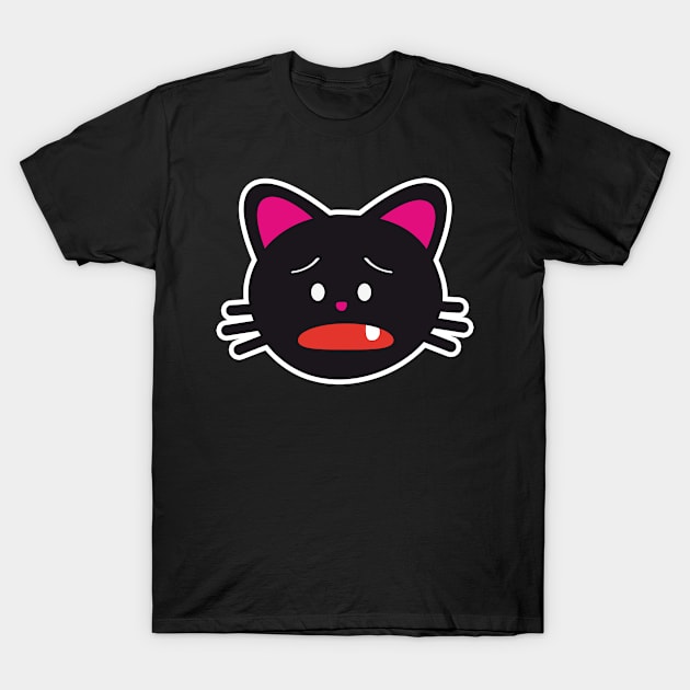 One Tooth Black Cat Worried Kitten Face T-Shirt by HappyGiftArt